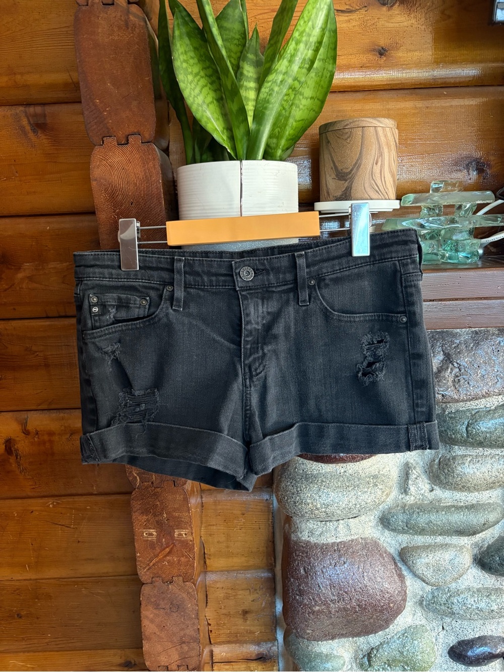 AG Adriano Goldschmied The Hailey Black Distressed Denim Shorts 28R